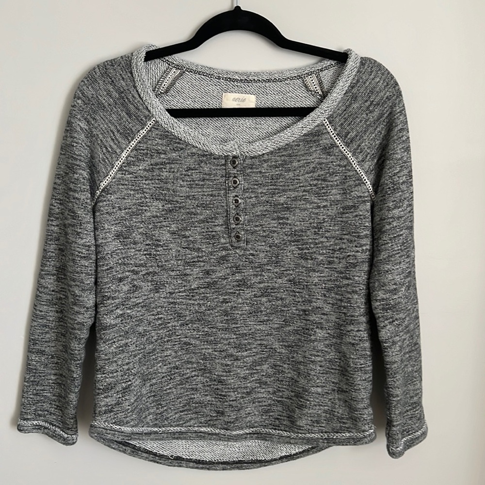Aerie Women's Sweatshirt Size M Gray Heathered Pullover Sweater with Buttons